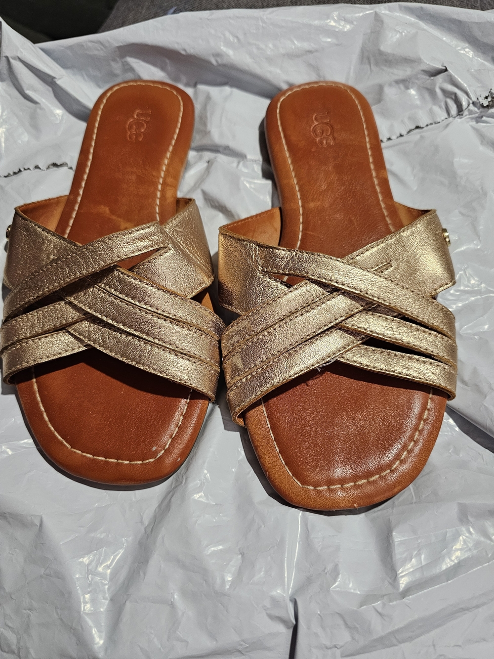 8UGG Women's Metallic Gold Cross-Strap Slide Sandals- Girls